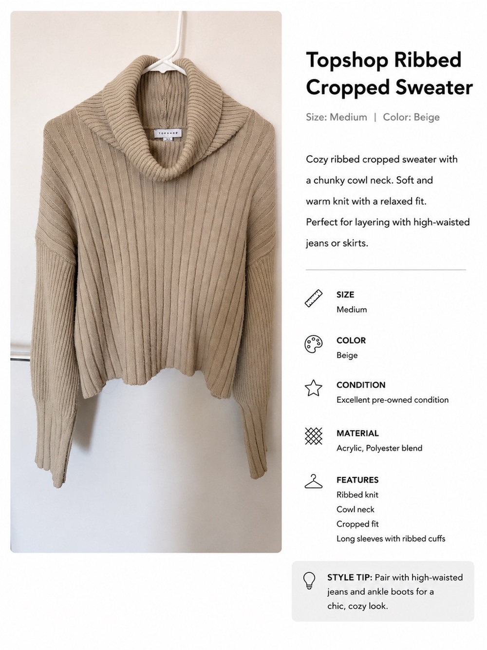 Topshop Beige Ribbed Cropped Cowl-Neck Sweater